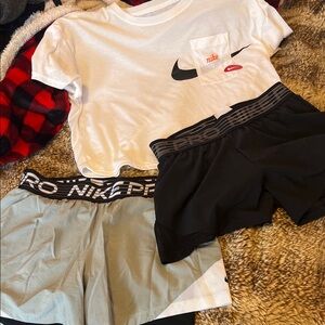 Nike White Pocket Tee with Black and Light Gray Athletic Shorts